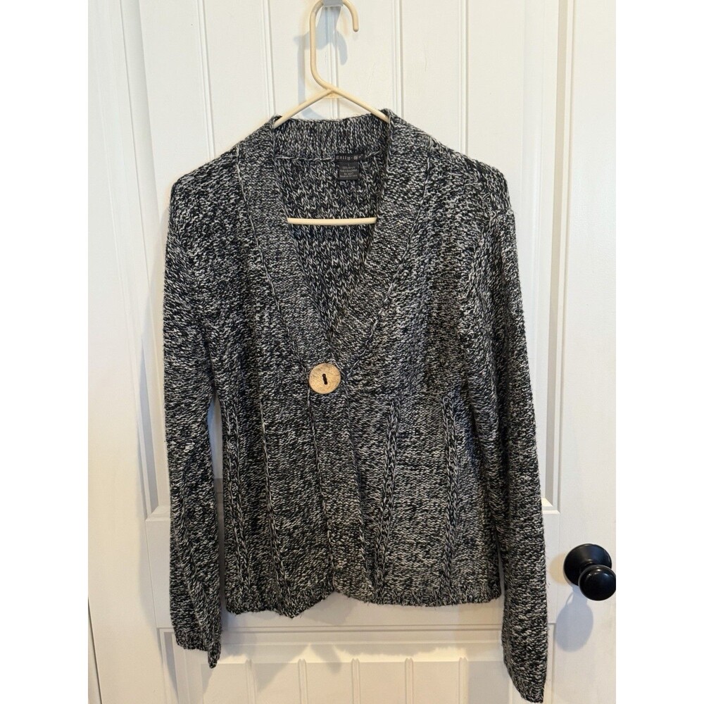 Tally Ho Cardigan Sweater L Marled Black White Acrylic Shawl Collar